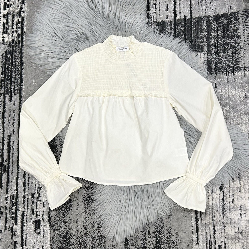 WE WORE WHAT Women's Smocked Neck Blouse Poplin Whisper White/Ivory Size XS NWT